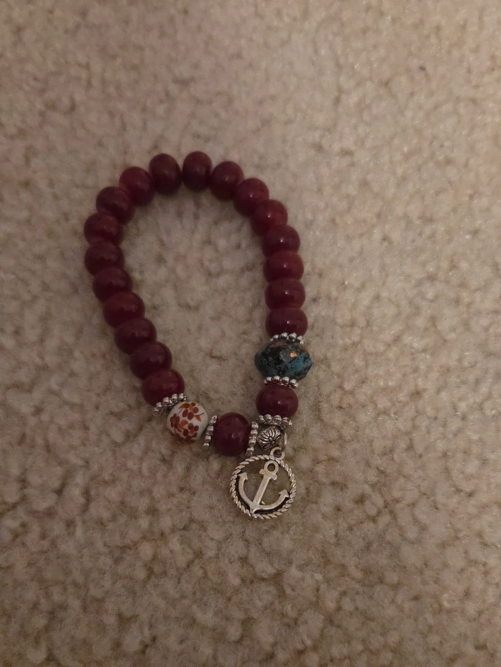 Anchor Charm Burgundy Beaded Stretch Bracelet